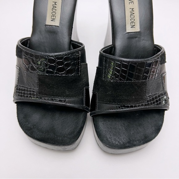 Vintage 90s Y2K Steve Madden Black Patchwork Leather Wood Platform Sandals - Picture 6 of 11